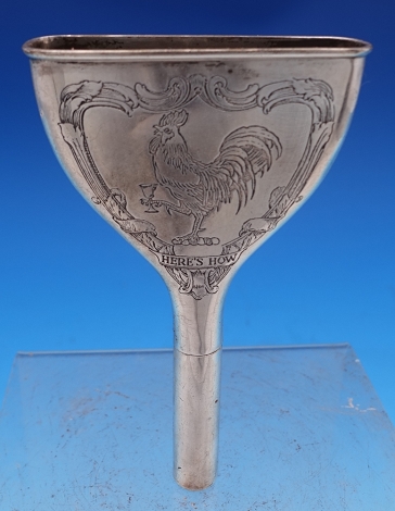 Wine Funnel #53 acid etched w/ rooster holding a wine glass and 